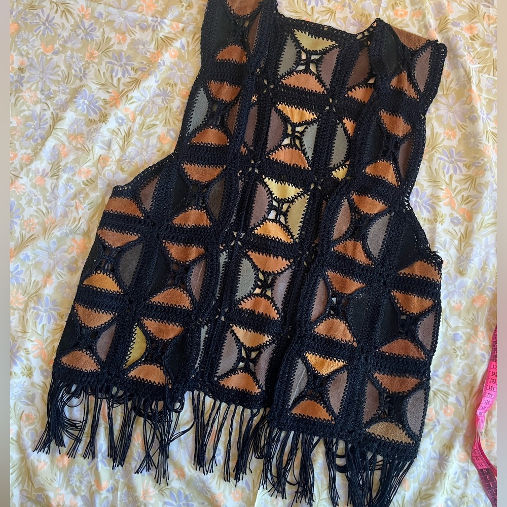 VTG Crochet Leather Parchwork Fringe Vest